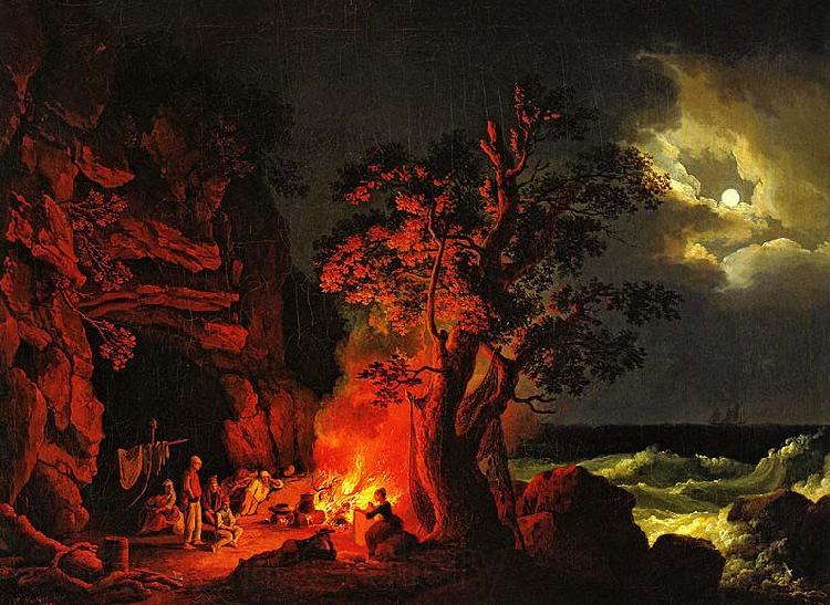 Jacob Philipp Hackert Fischerfamilie am nachtlichen Lagerfeuer mit aufgewuhlten Meer